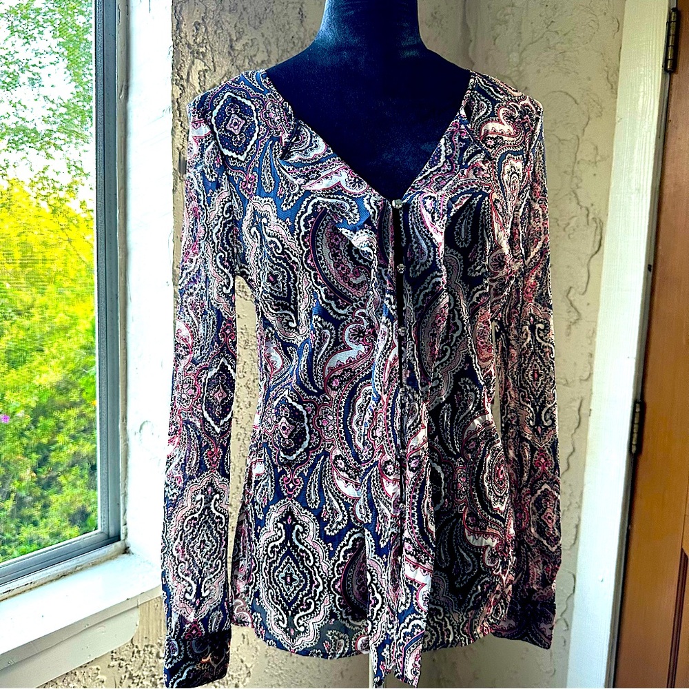 🦋 Vintage Y2K Sheer Long Sleeve Paisley Print VNeck Button Down Ruffle Blouse
